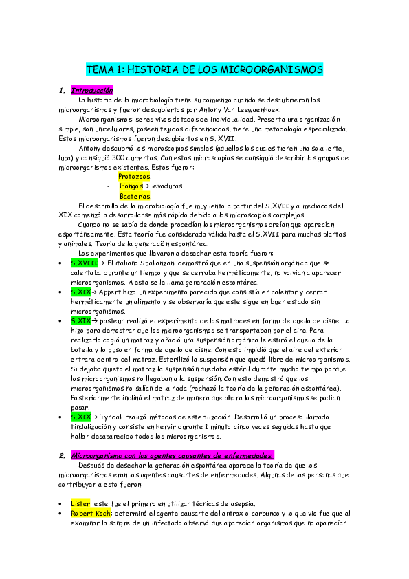 (DOC) TEMA 1: HISTORIA DE LOS MICROORGANISMOS