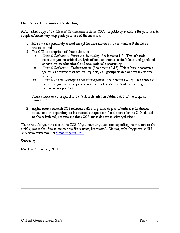 (DOC) Critical Consciousness Scale copy of scale and user's guide