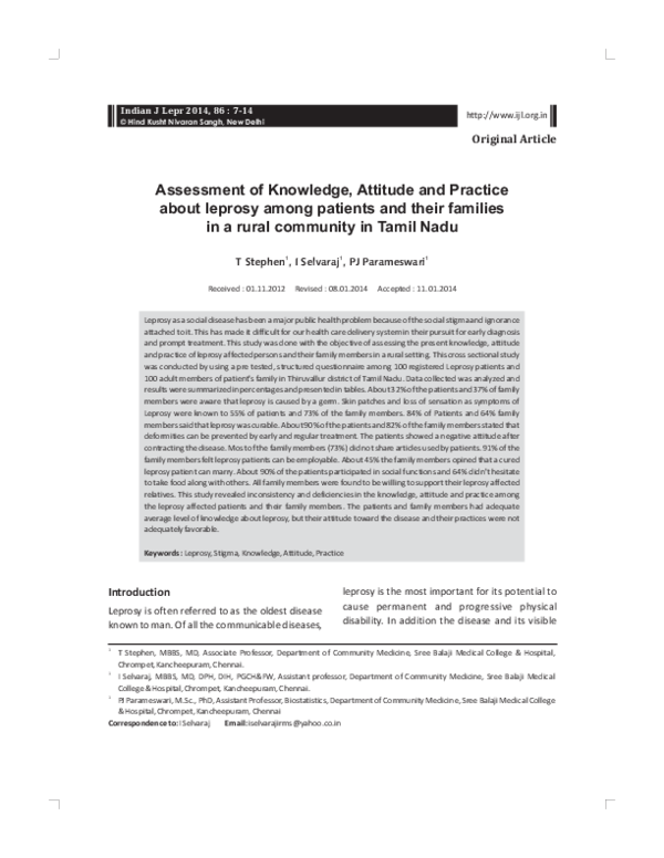 (PDF) Assessment of Knowledge, Attitude and Practice about leprosy ...