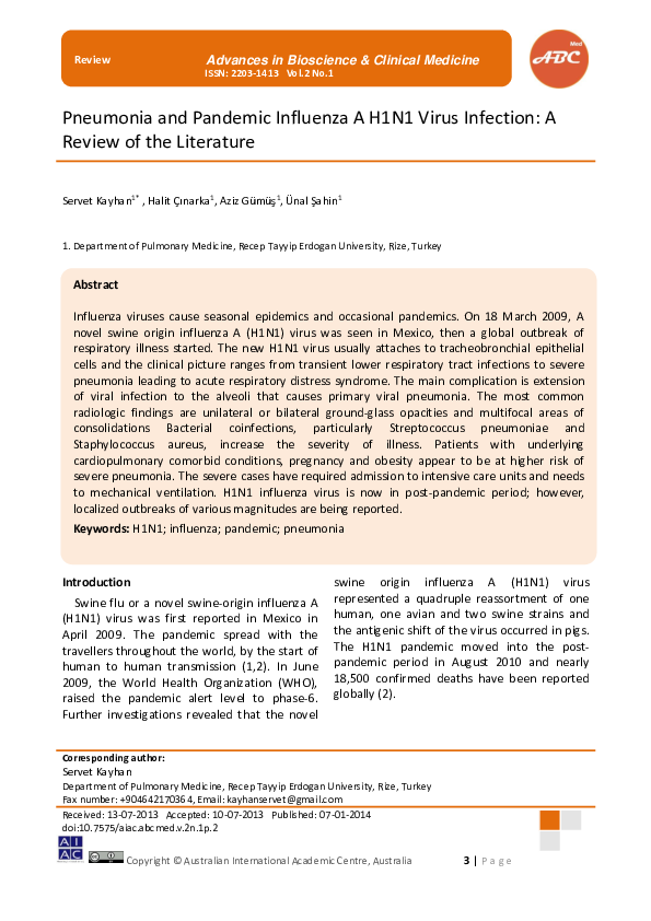 (PDF) Pneumonia and Pandemic Influenza A H1N1 Virus Infection: A Review ...