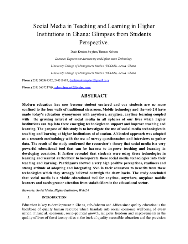 (DOC) Social Media in Teaching and Learning in Higher Institutions in ...