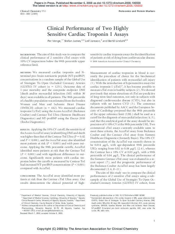 (PDF) Clinical Performance of Two Highly Sensitive Cardiac Troponin I ...