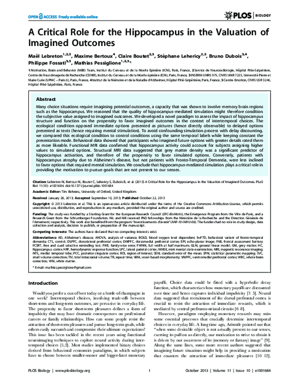 (PDF) A critical role for the hippocampus in the valuation of imagined ...