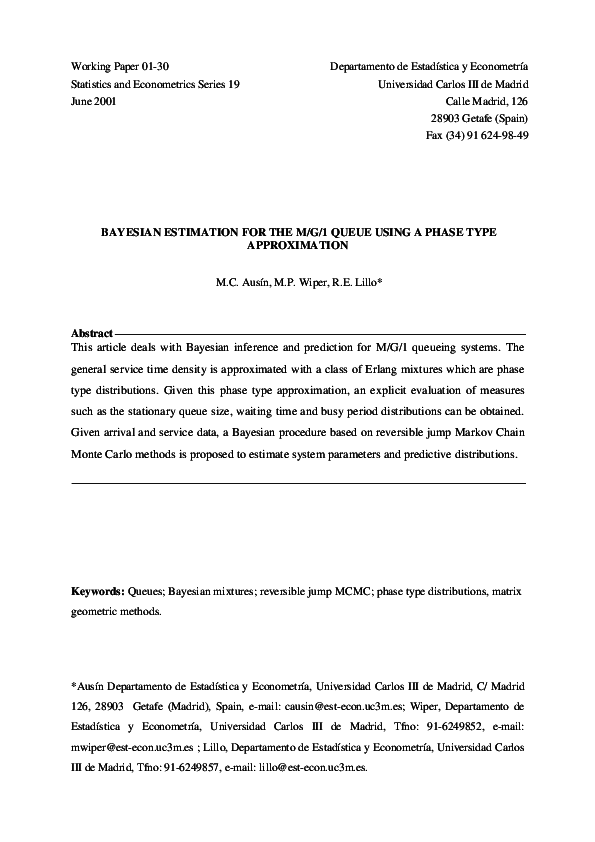 (PDF) BAYESIAN ESTIMATION FOR THE M/G/1 QUEUE USING A PHASE TYPE ...