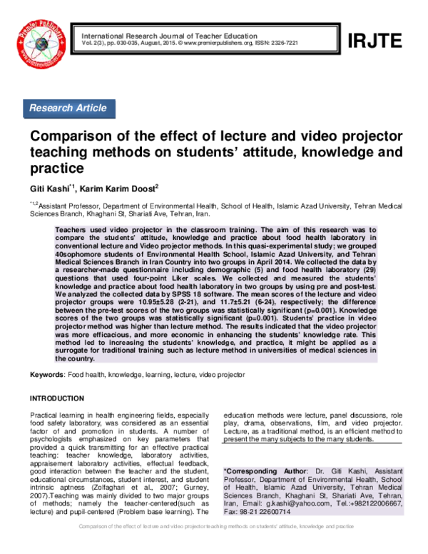 (PDF) Comparison of the effect of lecture and video projector teaching ...
