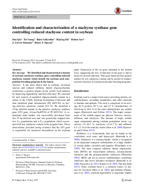 (PDF) Identification and characterization of a stachyose synthase gene ...