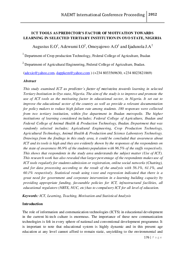 (PDF) ICT TOOLS AS PREDICTOR’S FACTOR OF MOTIVATION TOWARDS LEARNING IN ...