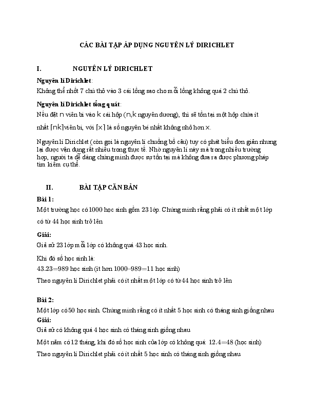 First page of “CÁC BÀI TẬP ÁP DỤNG NGUYÊN LÝ DIRICHLET”