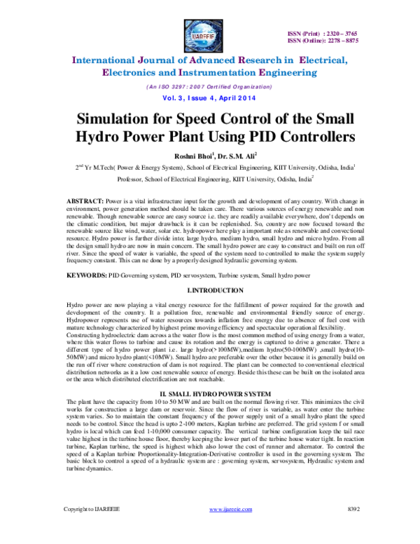 (PDF) Simulation for Speed Control of the Small Hydro Power Plant Using PID Controllers Víctor