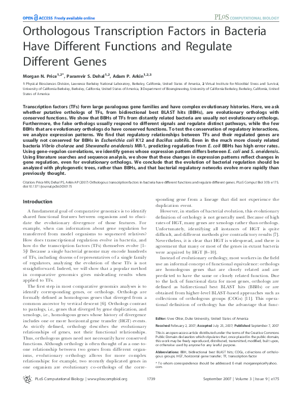 (PDF) Orthologous Transcription Factors in Bacteria Have Different ...