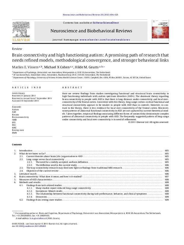 (PDF) Brain connectivity and high functioning autism: A promising path ...