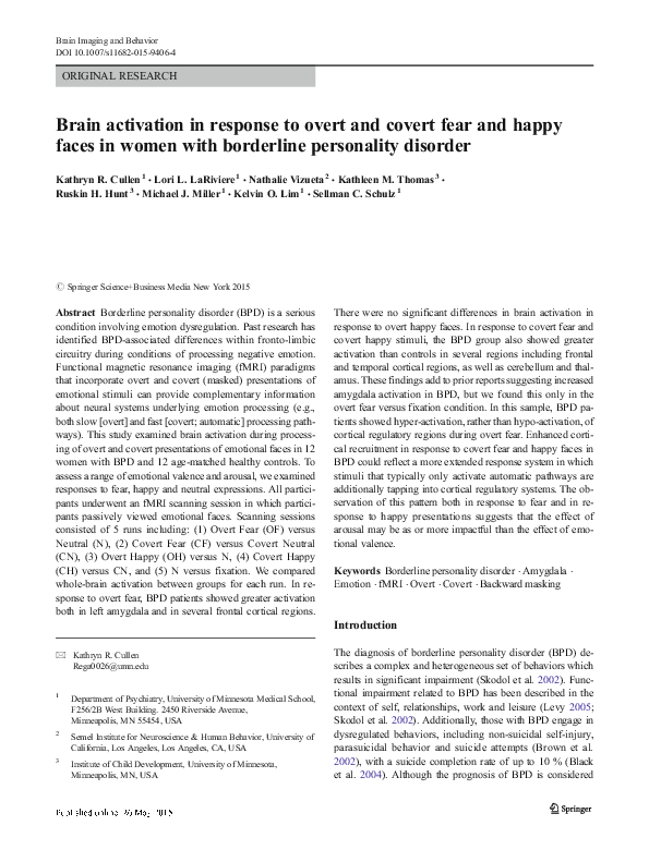 (PDF) Brain activation in response to overt and covert fear and happy ...