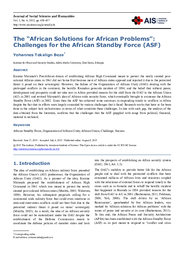 (PDF) THE “AFRICAN SOLUTIONS FOR AFRICAN PROBLEMS” CHALLENGES FOR THE