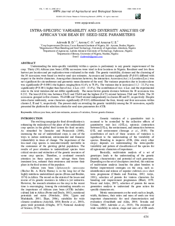 (PDF) INTRASPECIFIC VARIABILITY AND DIVERSITY ANALYSIS OF AFRICAN YAM