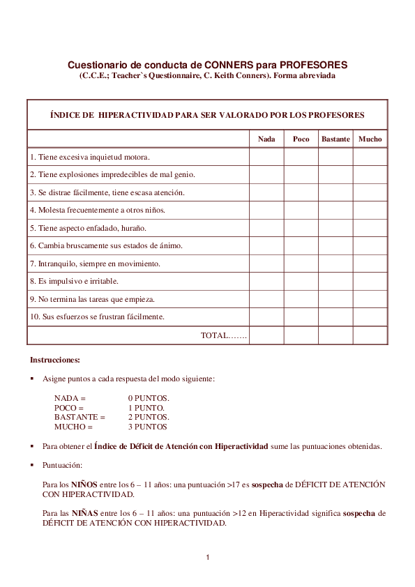 (PDF) Cuestionario de conducta de CONNERS para PROFESORES (C.C.E ...