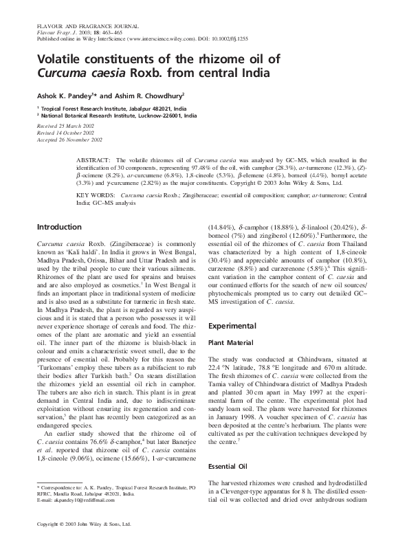 (PDF) Volatile constituents of the rhizome oil of Curcuma caesia Roxb ...