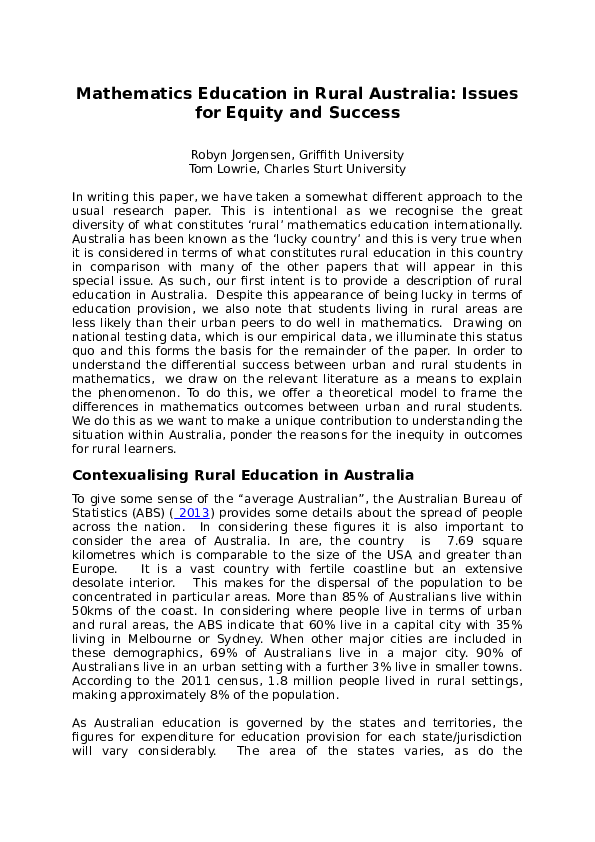 (DOC) Mathematics Education in Rural Australia: Issues for Equity and ...