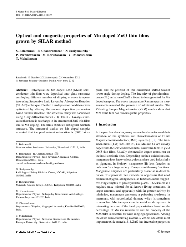(PDF) Optical and magnetic properties of Mn doped ZnO thin films grown ...