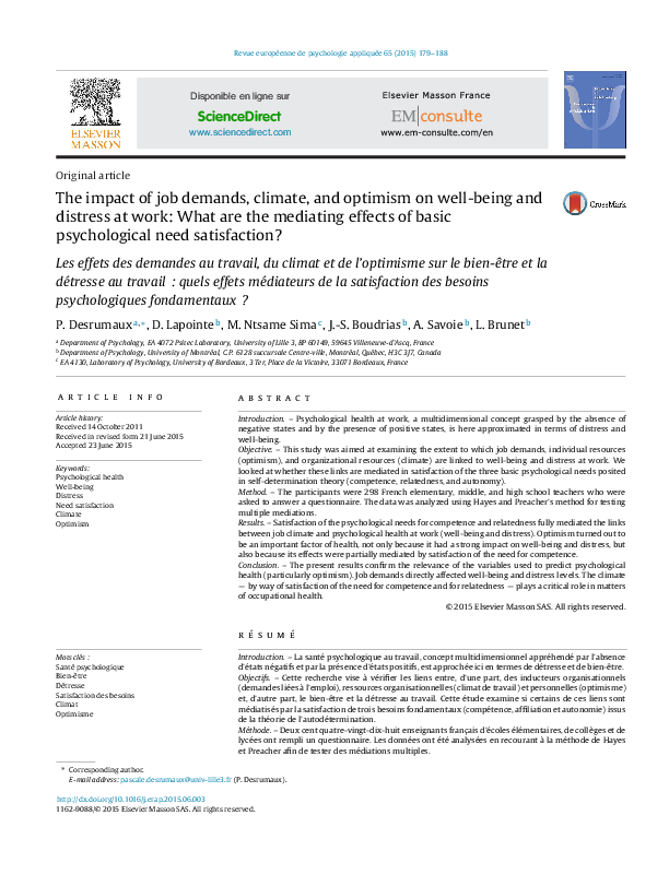 (PDF) The Impact of Job Demands, Climate, and Optimism on Well-Being ...