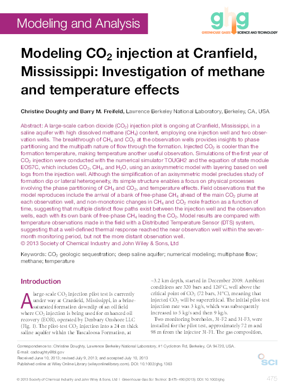 (PDF) Modeling CO 2 injection at Cranfield, Mississippi Investigation of methane and