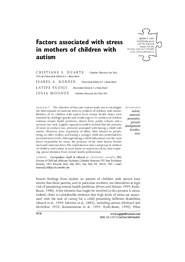 (PDF) Factors associated with stress in mothers of children with autism