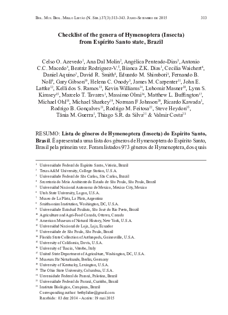 (PDF) Checklist of the genera of Hymenoptera (Insecta) from Espírito ...