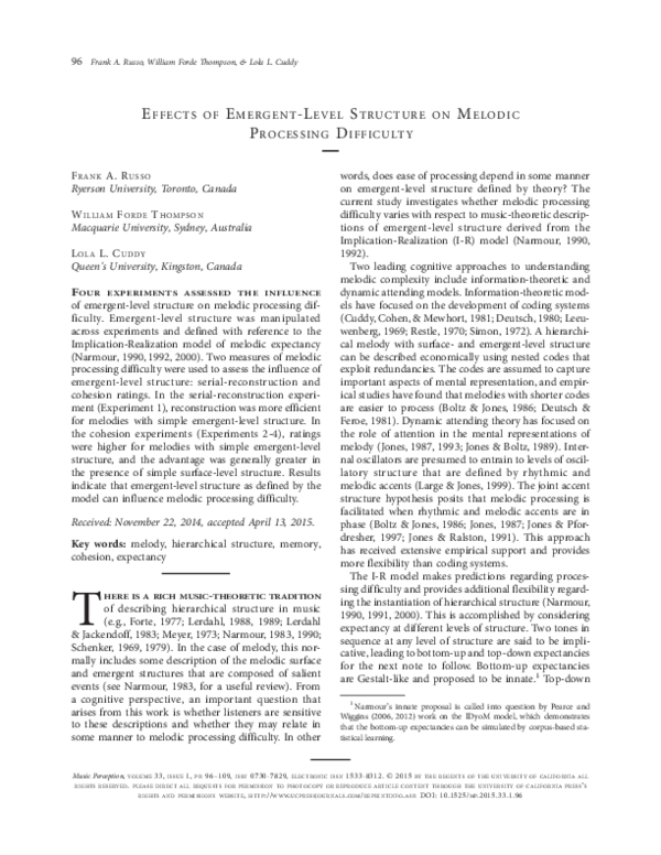 (PDF) Effects of emergent-level structure on melodic processing difficulty