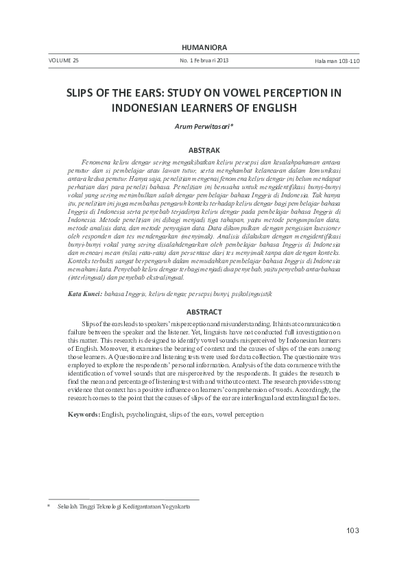 Pdf Slips Of The Ears Study On Vowel Perception In Indonesian