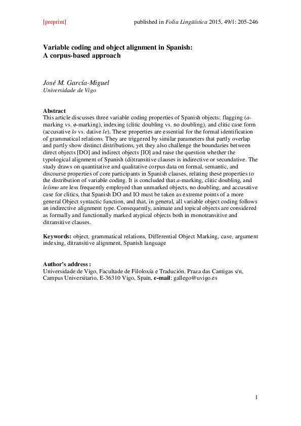 (PDF) Variable coding and object alignment in Spanish A corpusbased