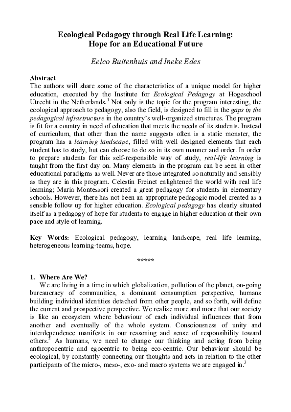 Pdf Ecological Pedagogy Through Real Life Learning Hope For An