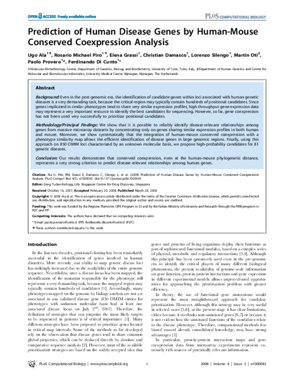 (PDF) Prediction of human disease genes by human-mouse conserved ...