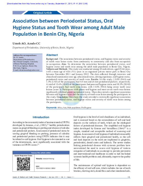 (PDF) Association between Periodontal Status, Oral Hygiene Status and ...