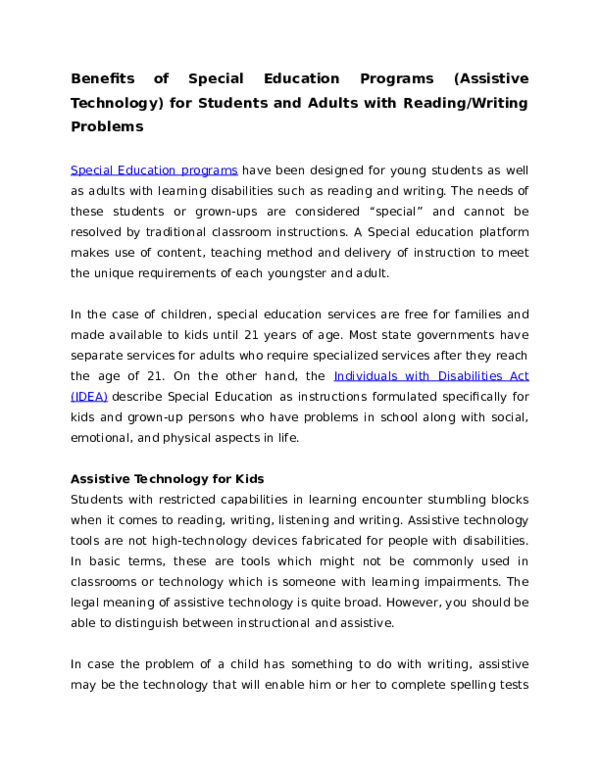 (DOC) Benefits of Special Education Programs (Assistive Technology) for ...