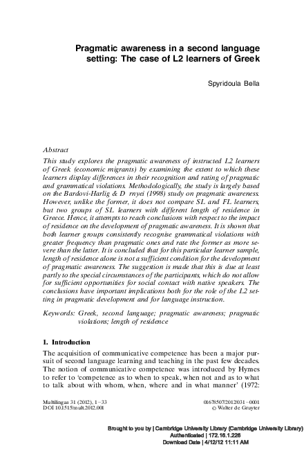 (PDF) Pragmatic awareness in a second language setting: The case of L2 ...