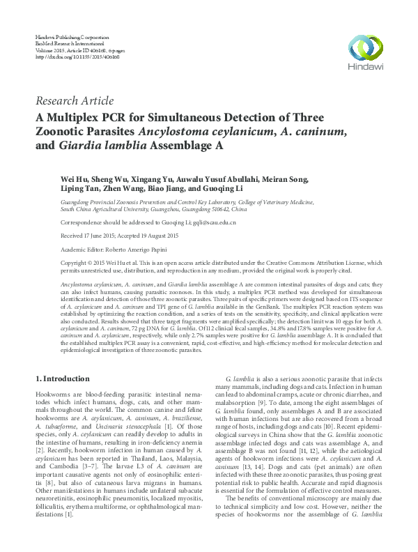 (PDF) A Multiplex PCR for Simultaneous Detection of Three Zoonotic ...