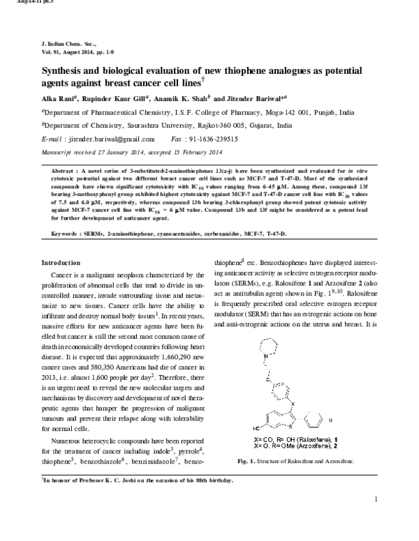 (PDF) Synthesis and biological evaluation of new thiophene analogues as ...