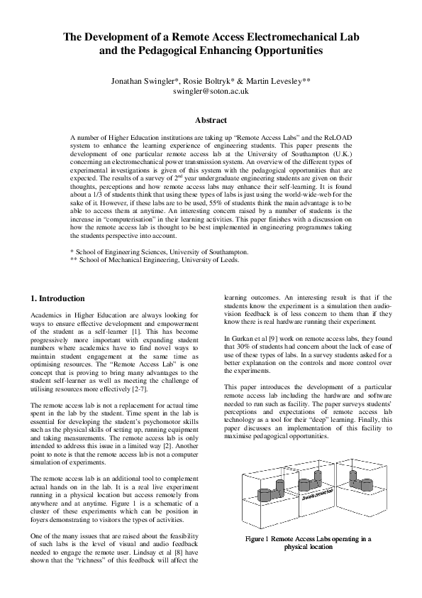(PDF) The Development of a Remote Access Electromechanical Lab and the ...