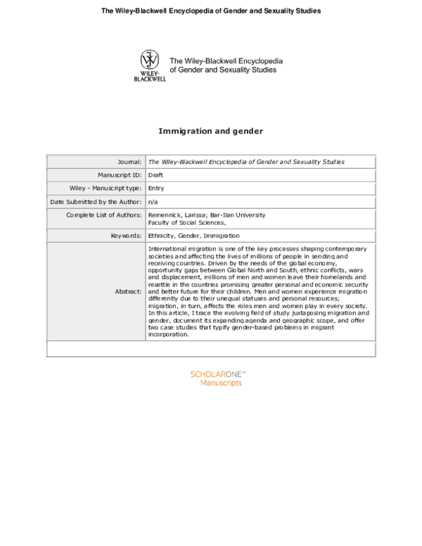 (PDF) Gender & Immigration - Encyclopaedia entry
