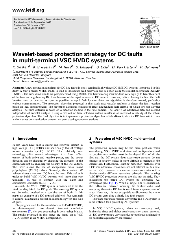 (PDF) Waveletbased protection strategy for DC faults in multiterminal