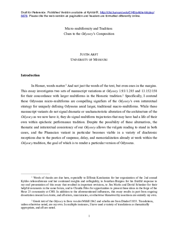 (PDF) Micro-multiformity and Tradition: Clues to the Odyssey’s Composition