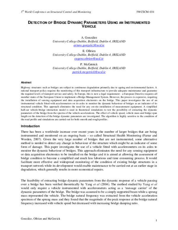 (PDF) Detection of bridge dynamic parameters using an instrumented vehicle