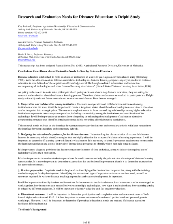 (PDF) Research and Evaluation Needs for Distance Education A Delphi
