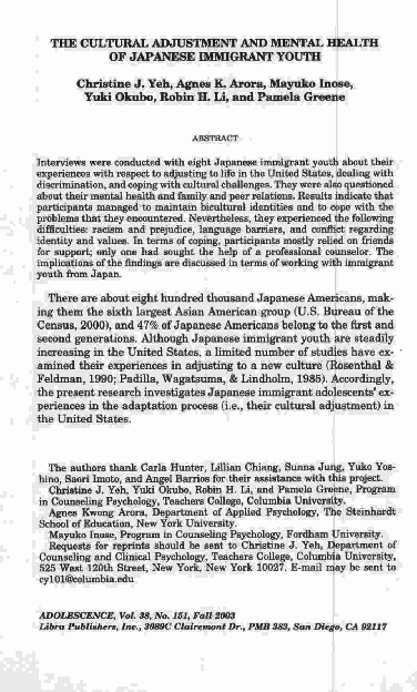 (PDF) The cultural adjustment and mental health of Japanese immigrant youth
