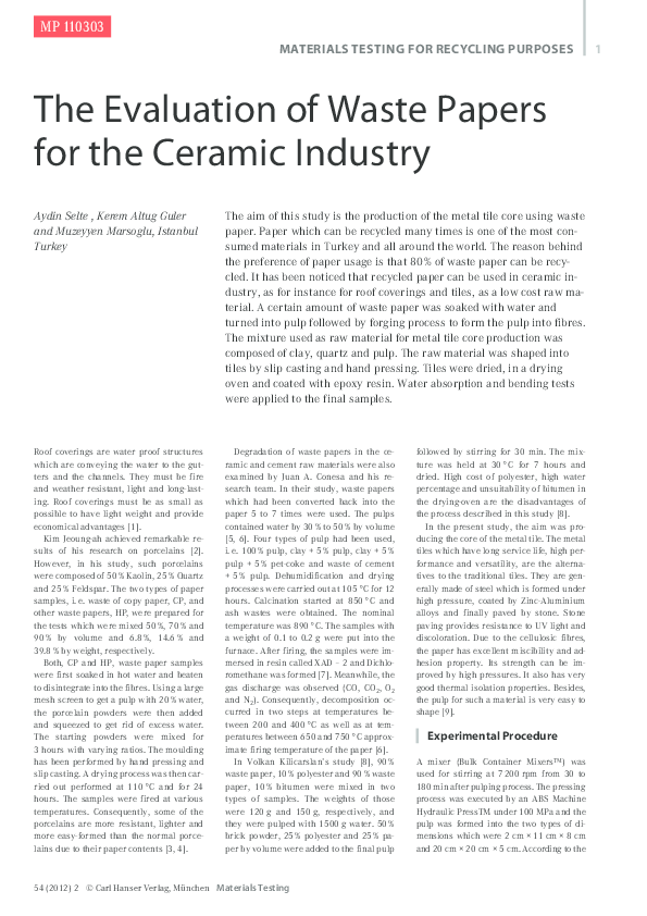 (PDF) The Evaluation of Waste Papers for the Ceramic Industry