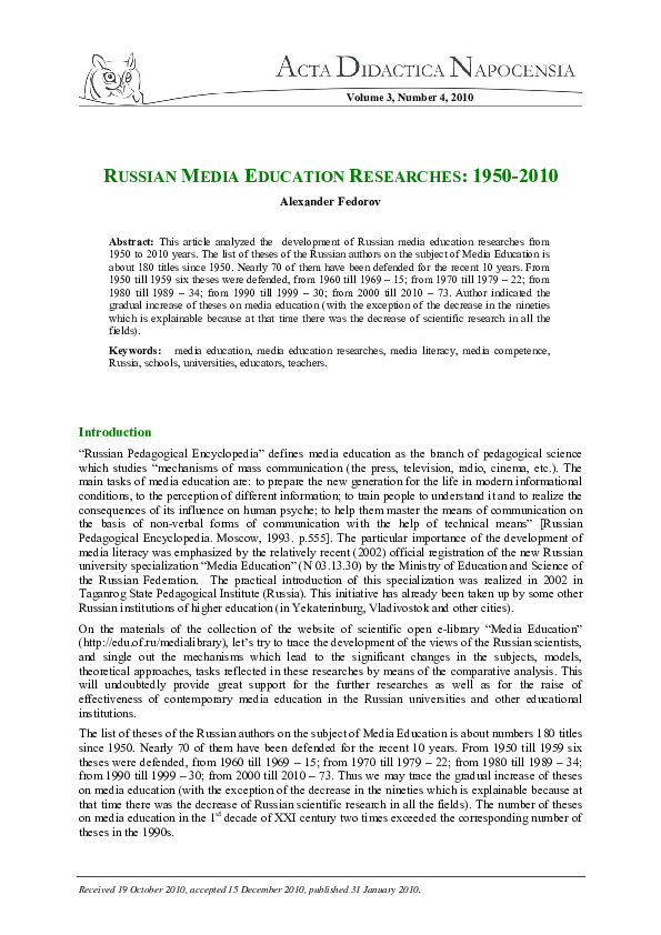 Russian Media Education Researches 19502010. A. Fedorov Academia.edu