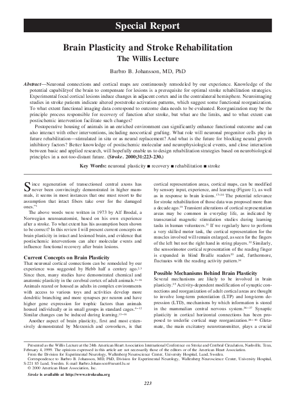 (PDF) Special Report Brain Plasticity and Stroke Rehabilitation The ...