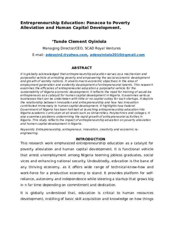 (DOC) Entrepreneurship Education: Panacea to Poverty Alleviation and ...