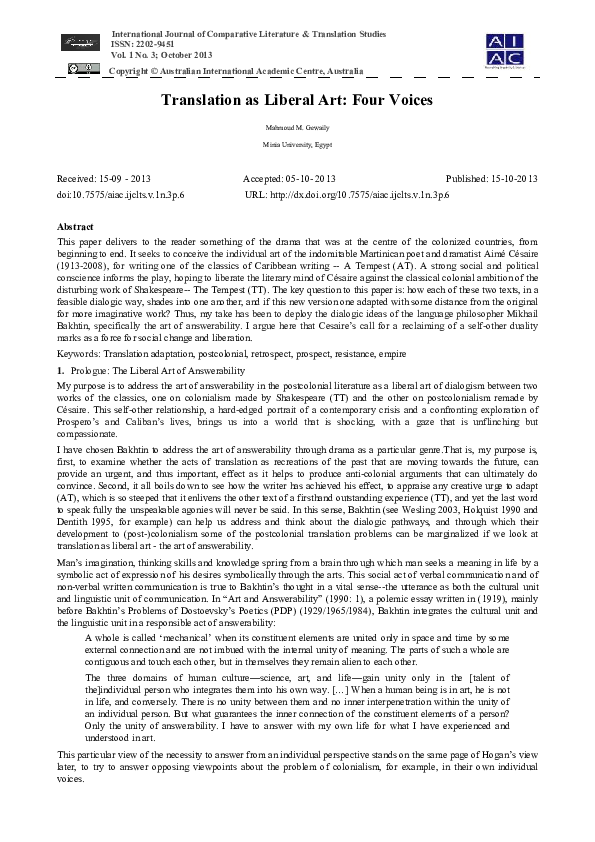 (PDF) Translation as Liberal Art: Four Voices