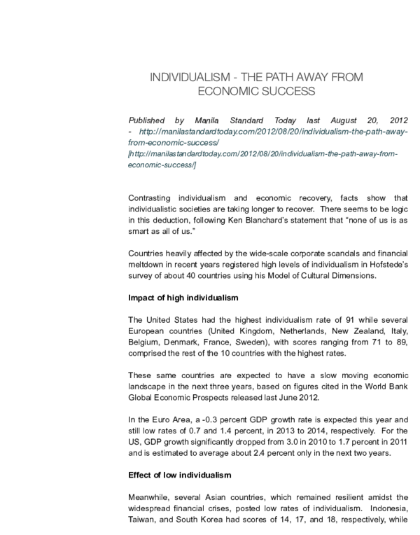 (PDF) Individualism - The Path Away from Economic Success