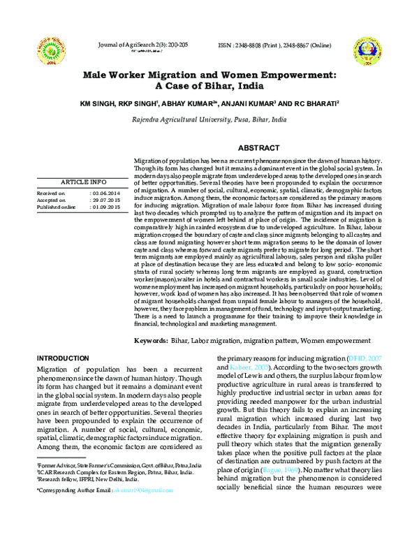 (PDF) Male Worker Migration and Women Empowerment: A Case of Bihar, India